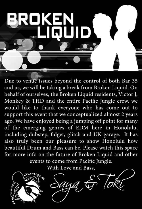We are taking a break from Broken Liquid at this time. Stay tuned for more info.